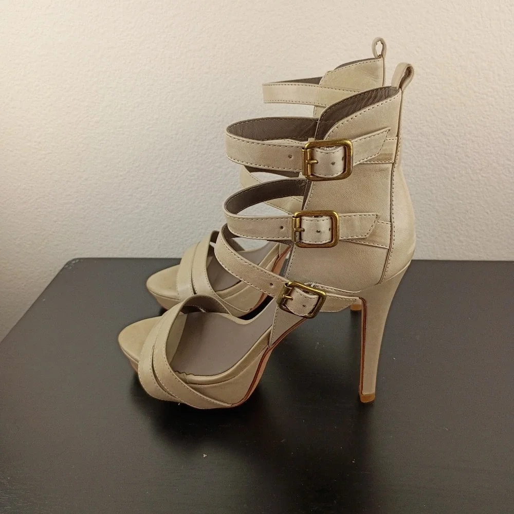 Pour La Victoire Beige Leather Strappy Gladiator Buckle Stiletto Heels 7.5
